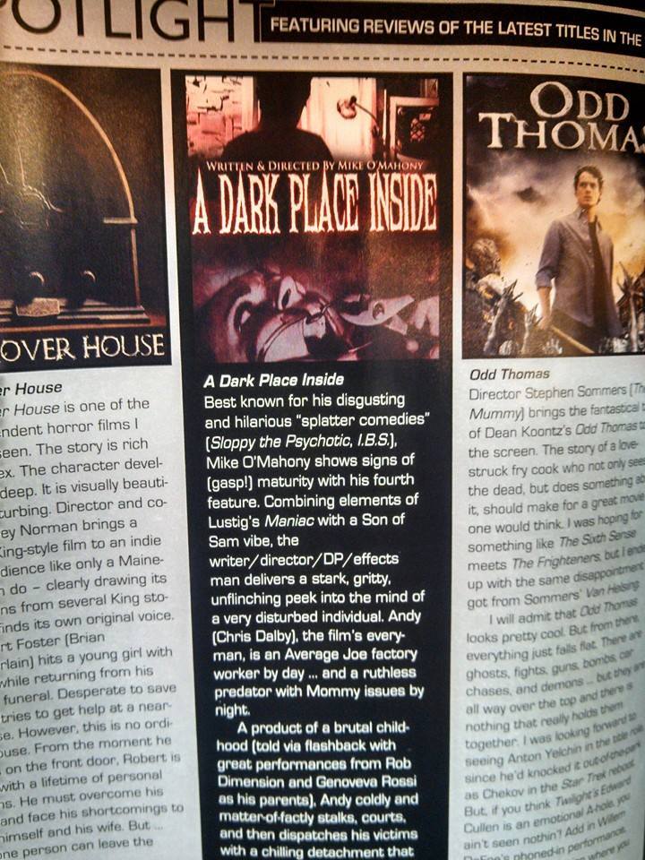 Review of Mike O'Mahony's A Dark Place Inside in Horrorhound June 2014. Genoveva gives 