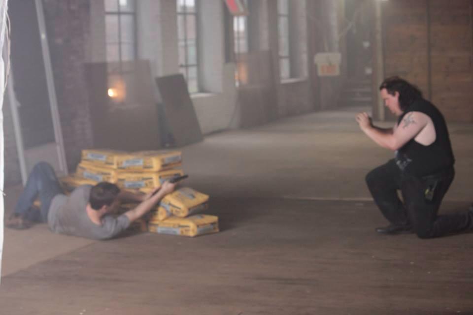Shawn Anthony walking Michael Pfaff through a stunt scene in Lazarus Rising