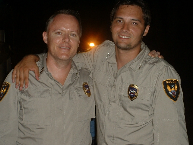 Dan Murphy and Derek Lee Nixon on the set of 