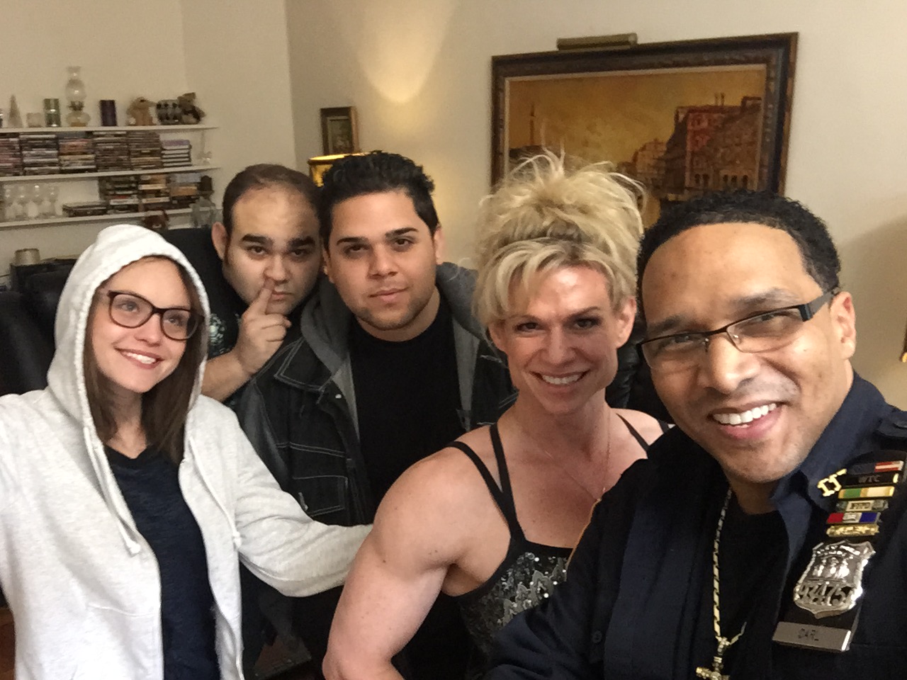 on the set of Cliche Cops in NYC. Courtney Klotz, Tony Artiga, Ralph Rodrguez, Tina Chandler and Carl Ducena.... OWN THE ROOM ENT. Tina City