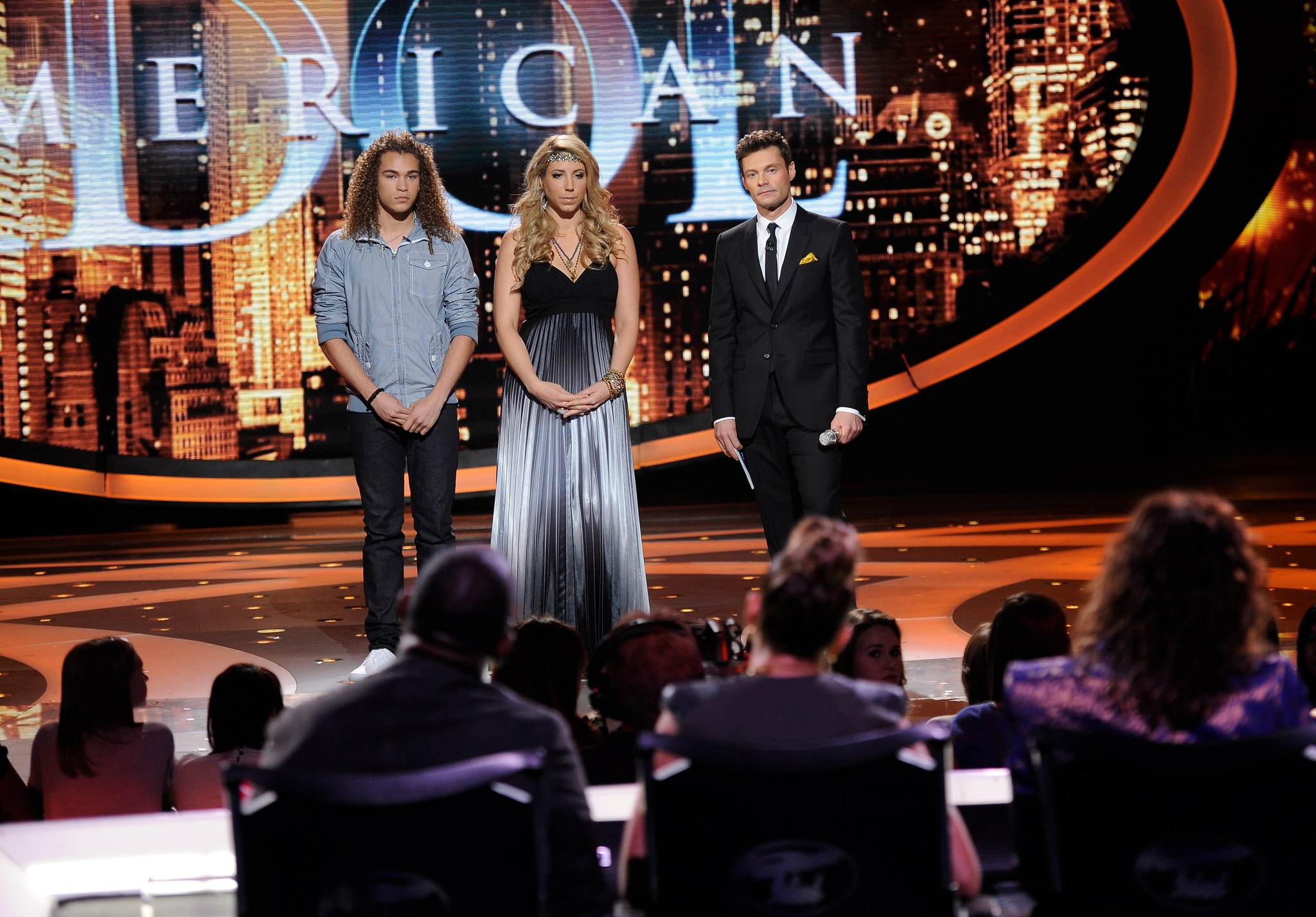 Ryan Seacrest, Elise Testone and DeAndre Brackensick at event of American Idol: The Search for a Superstar (2002)