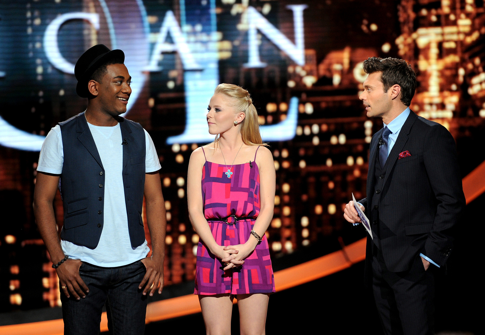 Ryan Seacrest, Hollie Cavanagh and Joshua Ledet at event of American Idol: The Search for a Superstar (2002)