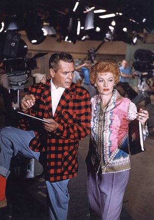 Lucille Ball with Desi Arnaz on the Desilu set, c. 1957.