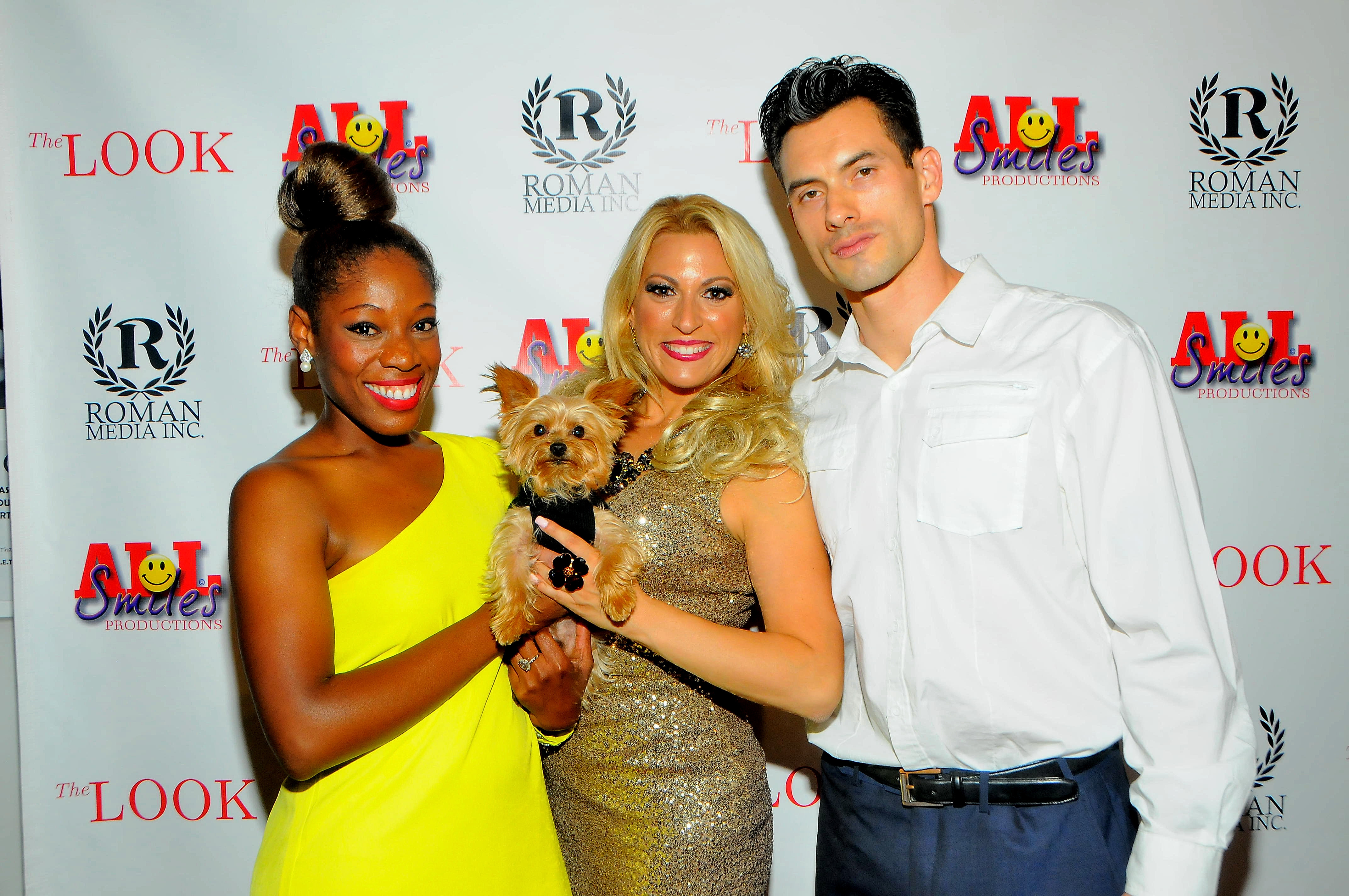 Producer of THE LOOK Tysha Williams and actress Hope Cavall played by Michelle Romano with her canine companion in the film, toy yorkie Maximus Williams and Co star Yarett Harper