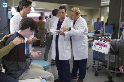 William Leon on the set of Grey's Anatomy With Justin Chambers and Kevin McKidd