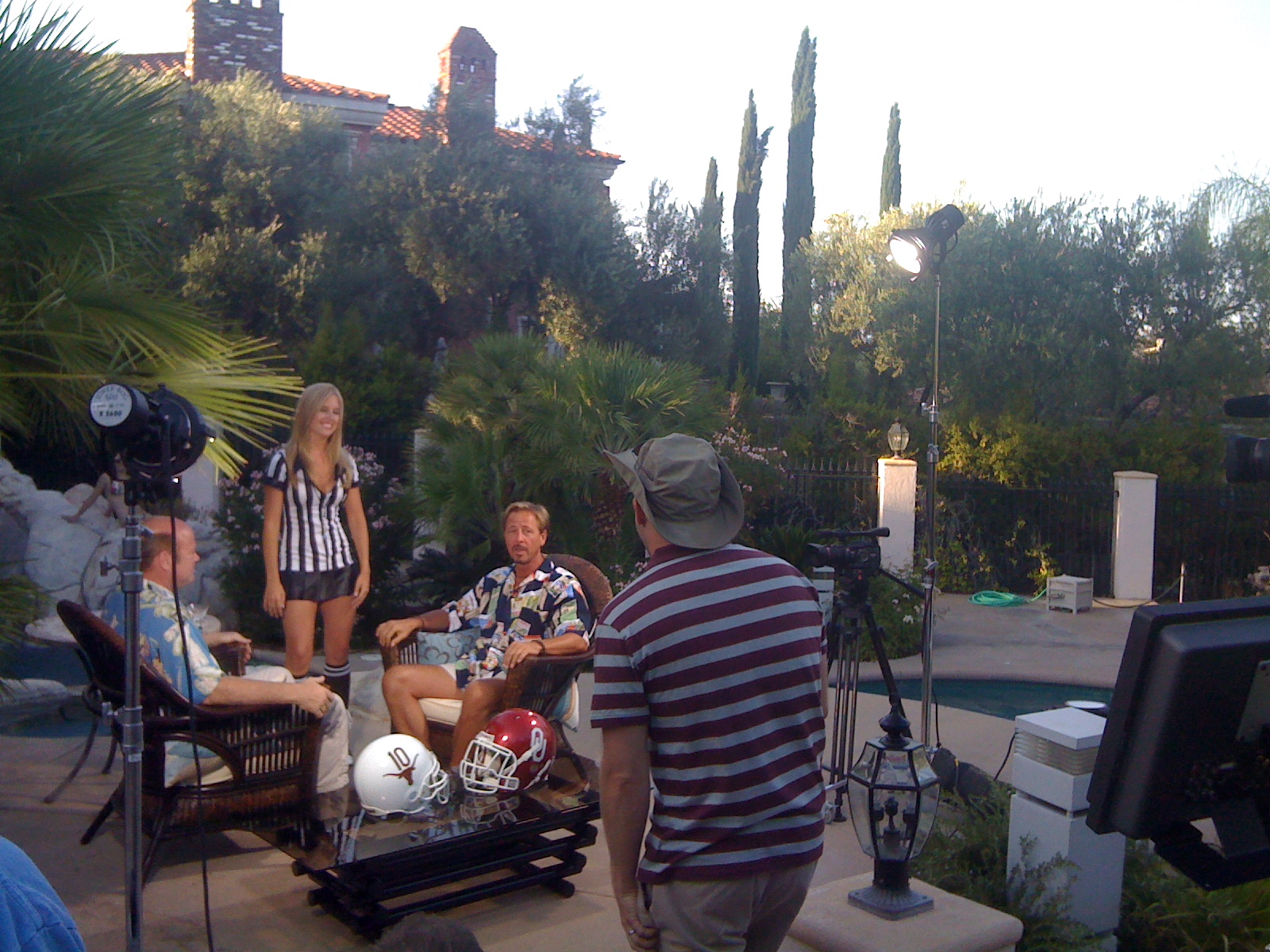 Rex Linn, Brandi, Kevin Meyer and Bob Stovall on the set of Gameday with Rex and keno.