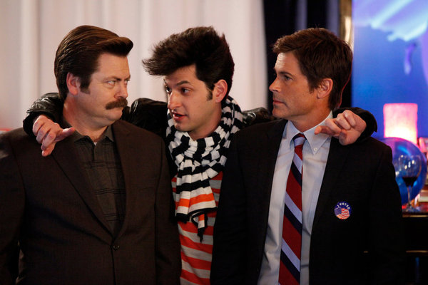 Still of Rob Lowe, Nick Offerman and Ben Schwartz in Parks and Recreation (2009)