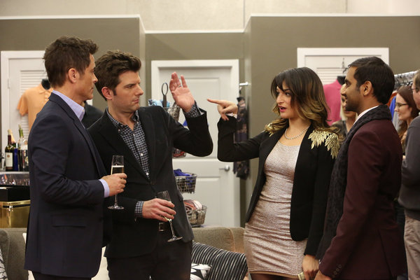 Still of Adam Scott, Aziz Ansari and Jenny Slate in Parks and Recreation (2009)