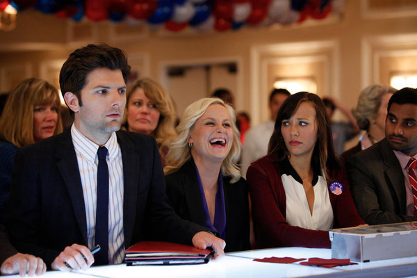 Still of Adam Scott, Rashida Jones, Amy Poehler and Aziz Ansari in Parks and Recreation (2009)