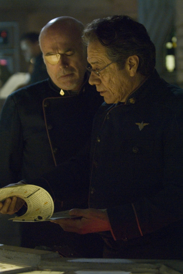 Still of Edward James Olmos and Michael Hogan in Battlestar Galactica (2004)