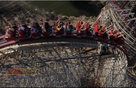 Still from Eric Austin's helicam during a commercial shoot for Six Flags