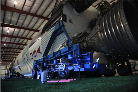 Eric Austin's helicam next to NASA's Apollo Rocket - for the filming of a promotional video for The Houston Space Center