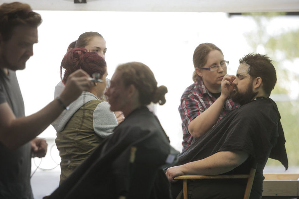 Staphanie Leet and Andrew D. Ford getting Zombie make up.