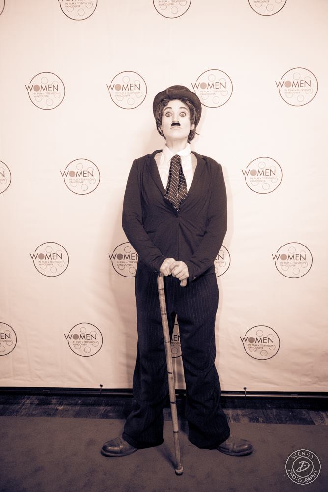 Allyson Grant as Charlie Chaplin at the WIFT Vancouver Black and White Martini Madness Gala