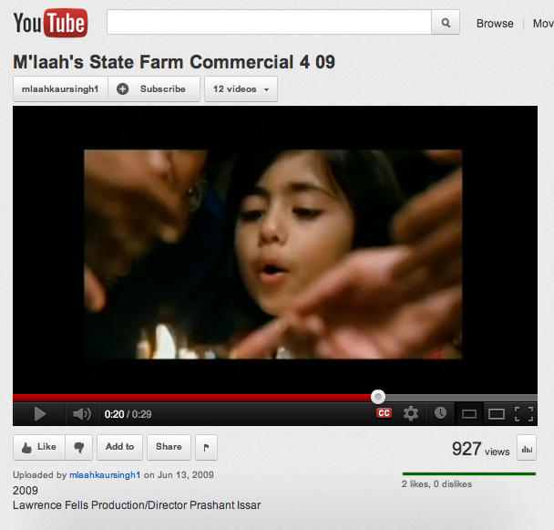 Actress M'laah Kaur Singh blows out birthday candles in 'State Farm' national commercial view commercial: http://www.youtube.com/watch?v=IJt9x36MmzY