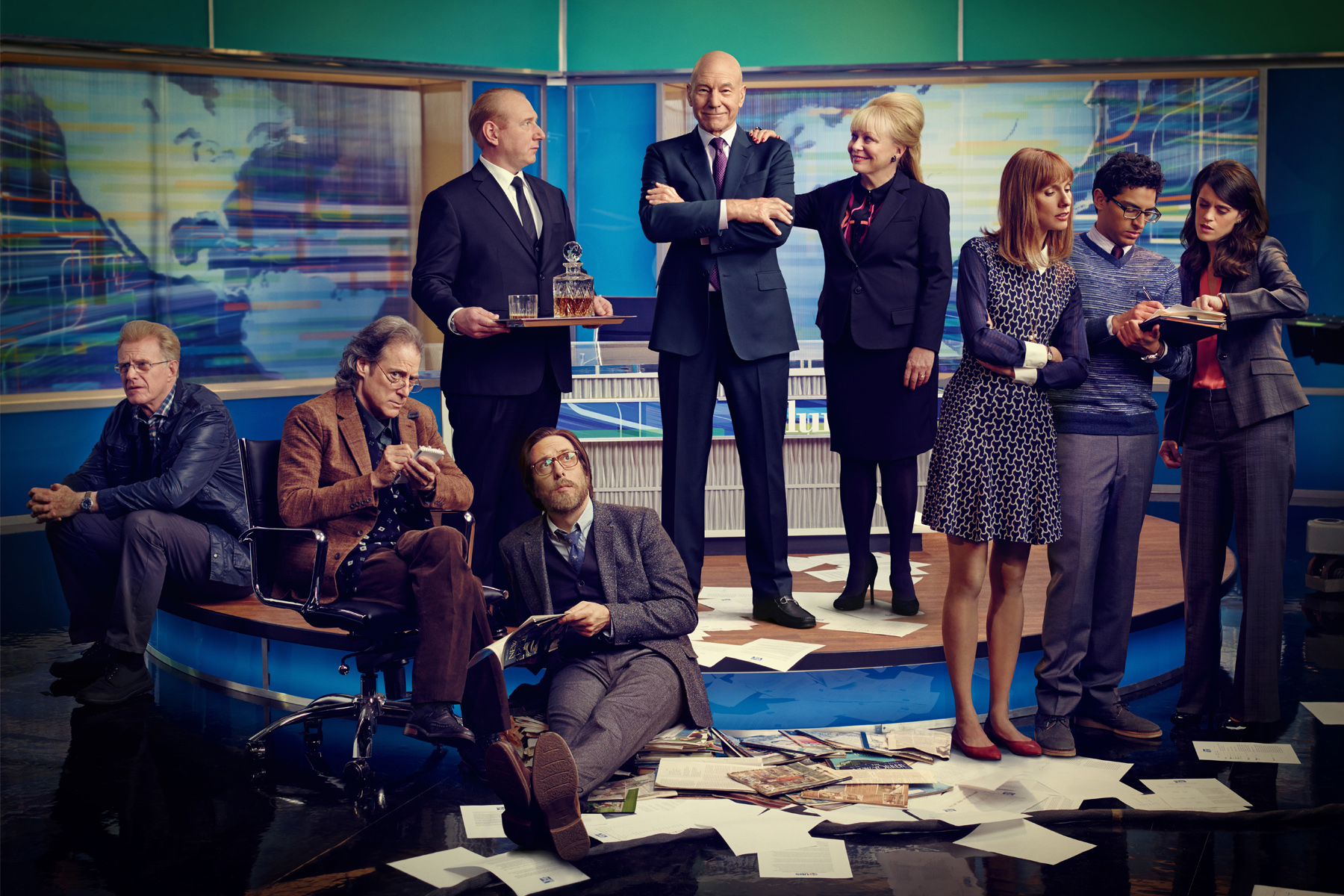 Still of Ed Begley Jr., Patrick Stewart, Richard Lewis, Adrian Scarborough, Timm Sharp, Jacki Weaver, Dolly Wells, Karan Soni and Mary Holland in Blunt Talk (2015)