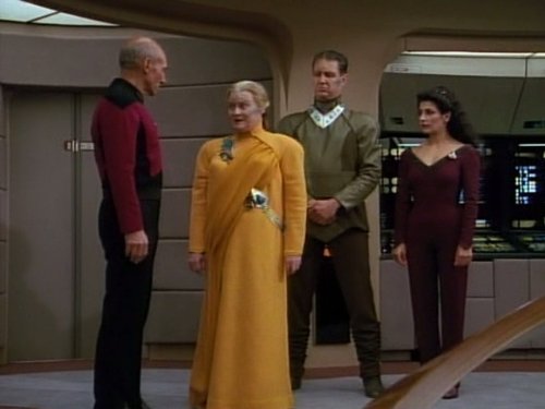 Still of Marina Sirtis, Patrick Stewart and Nancy Parsons in Star Trek: The Next Generation (1987)