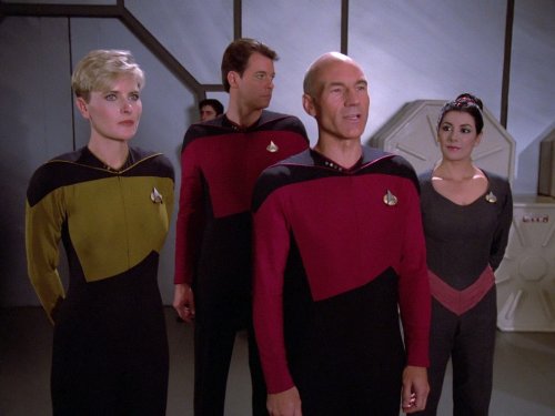 Still of Denise Crosby, Jonathan Frakes, Marina Sirtis and Patrick Stewart in Star Trek: The Next Generation (1987)