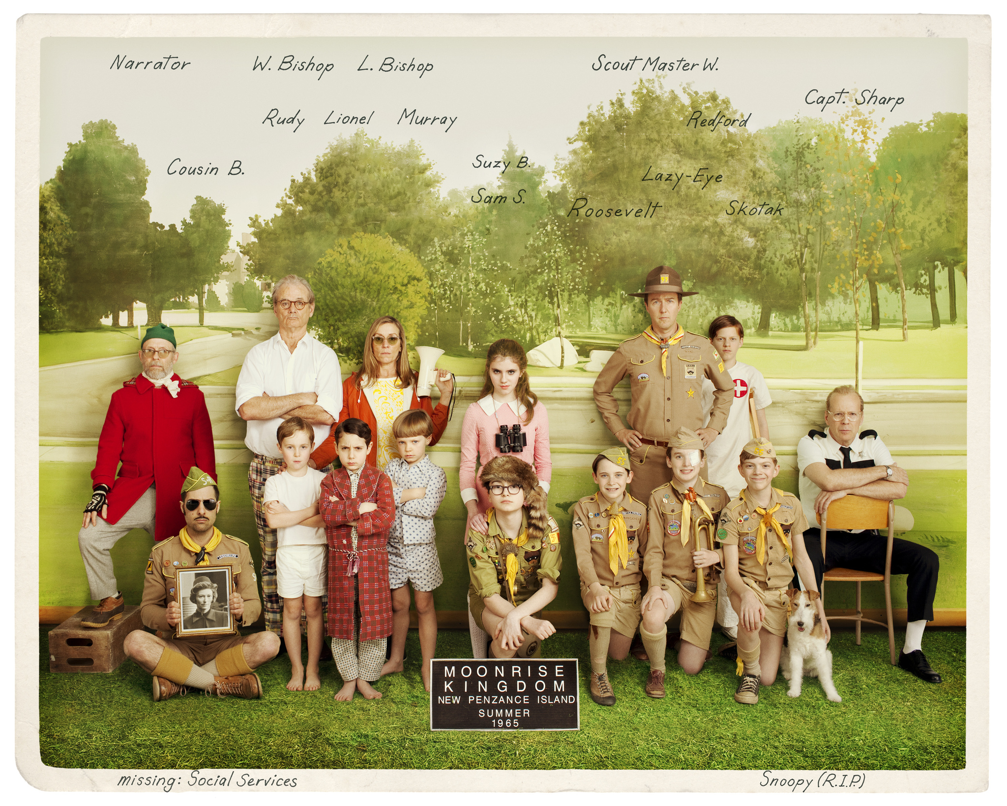 Still of Bill Murray, Bruce Willis, Frances McDormand, Bob Balaban, Edward Norton, Jason Schwartzman, Tilda Swinton, Seamus Davey-Fitzpatrick, Lucas Hedges, Gabriel Rush, Jake Ryan, Tanner Flood, Charlie Kilgore, Jared Gilman, Kara Hayward and Wyatt Ralff in Menesienos karalyste (2012)