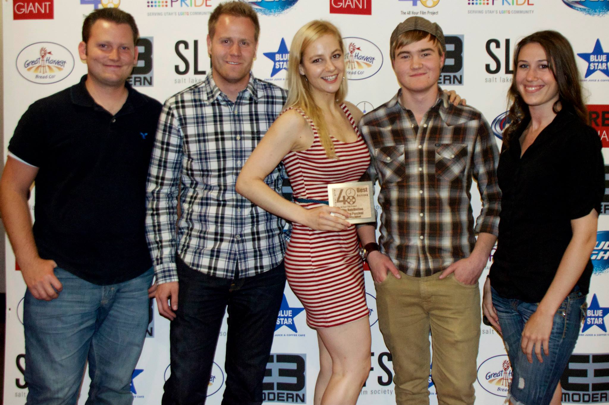 Amy Lia with some of the crew of The Retribution of Tom Percival at the 48 Hour Film Fest Award Show. Amy Lia is holding the plaque for 