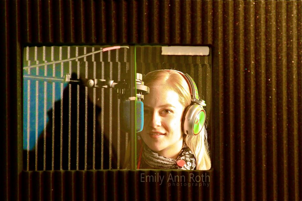 Amy Lia recording a voice over.