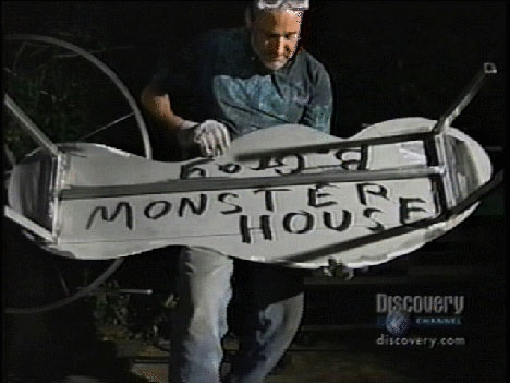 Sculptor Bruce Gray finishes a modern stainless steel table for Monster House on Discovery Channel.