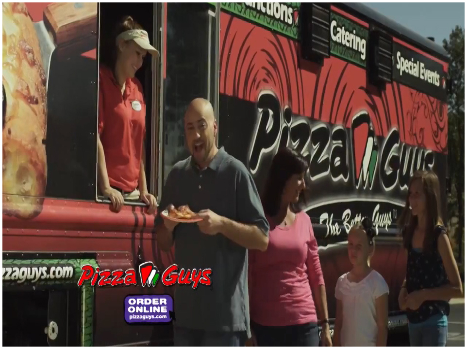 screen capture of TV commercial for Pizza Guys. 