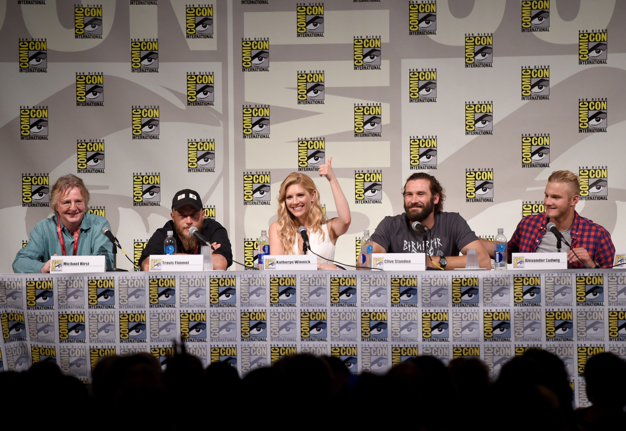 Michael Hirst, Katheryn Winnick, Travis Fimmel, Alexander Ludwig and Clive Standen at event of Vikings (2013)