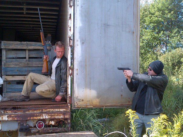 Publicity shot for 'Assassin Stunt Chase'. Derek Barnes (left) James McDougall (right)