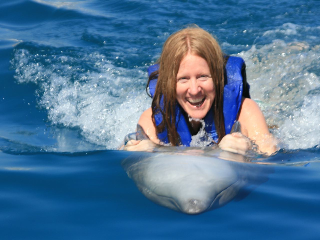 Javelyn riding the dolphins