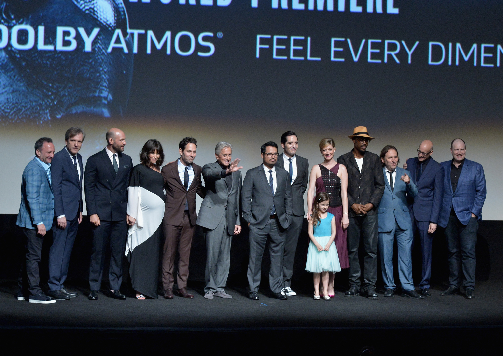 Michael Douglas, Louis D'Esposito, Martin Donovan, Kevin Feige, Judy Greer, Wood Harris, Douglas Michael, Michael Peña, Peyton Reed, Paul Rudd, Gregg Turkington, Corey Stoll, Evangeline Lilly, David Dastmalchian and Abby Ryder Fortson at event of Skruzdeliukas (2015)