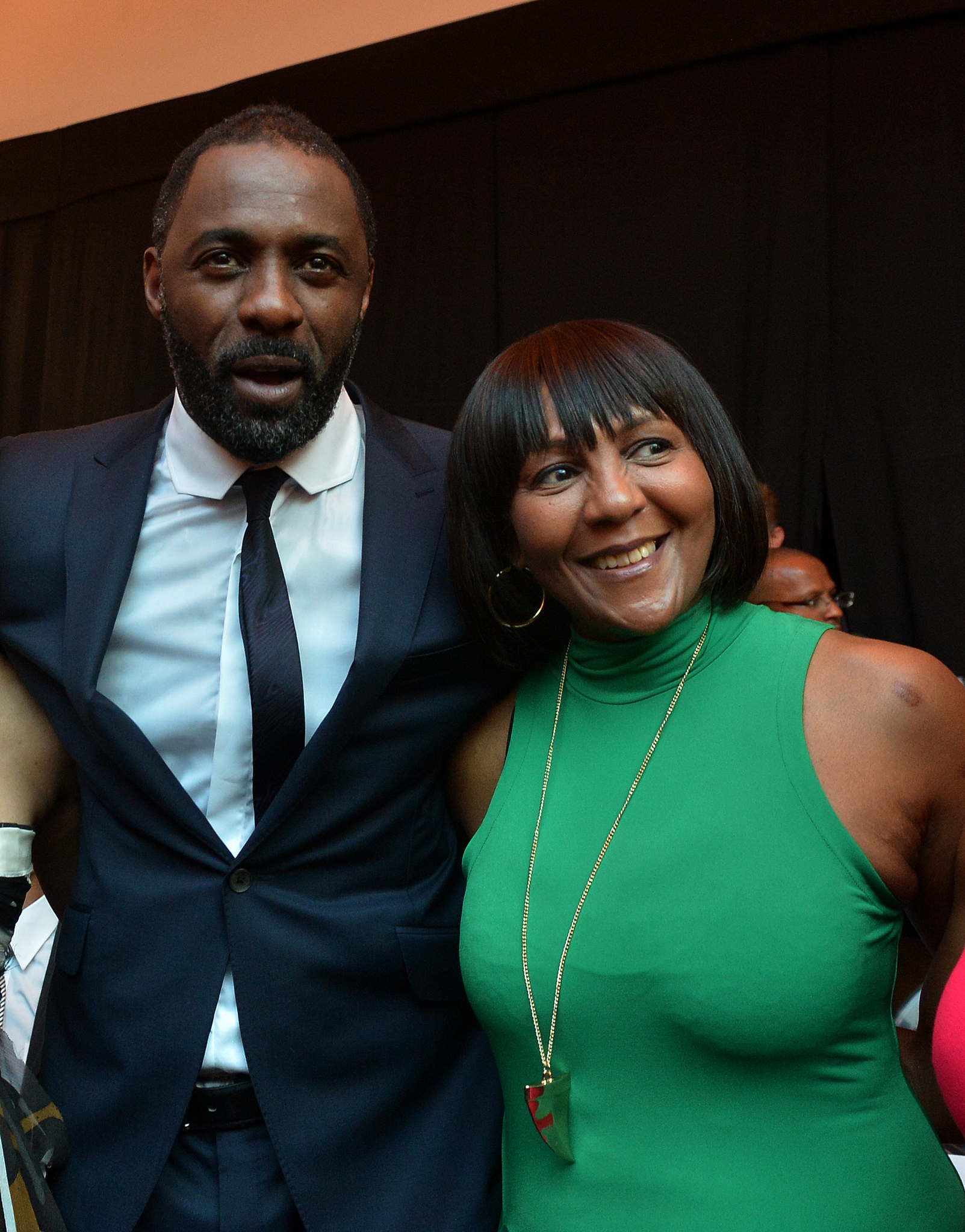 Nelson Mandela's daughter Makaziwe (R) and British actor Idris Elba, who plays the role of Nelson Mandela in the movie 