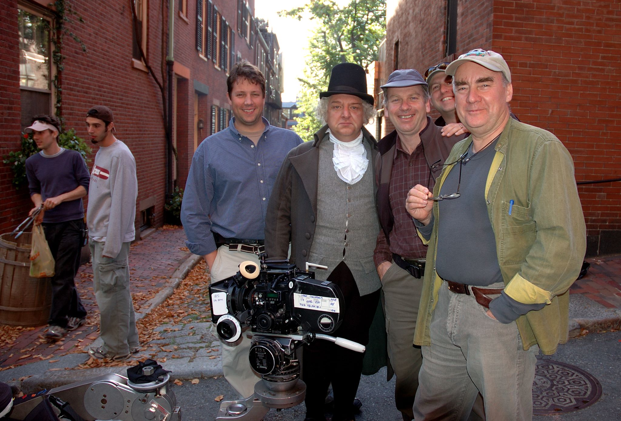 Simon Russell Beale centre with crew including Brian McDairmant DoP - shooting for American Experience in Boston 2004