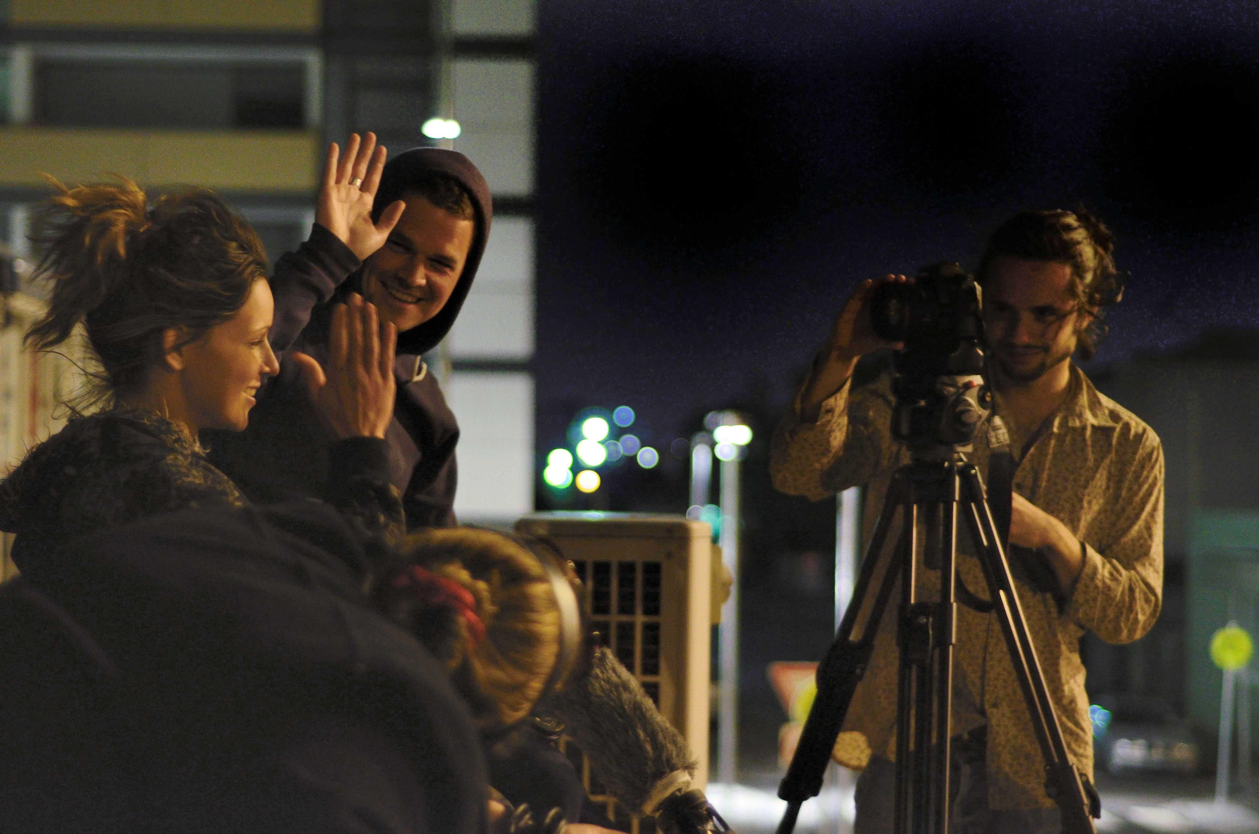 On the set of Flat Whites, filming Christian Heath ('Phil') and Sarah Morovan ('Maria). Max De Bowen directing & shooting, with Leanne Campbell as sound-recordist.