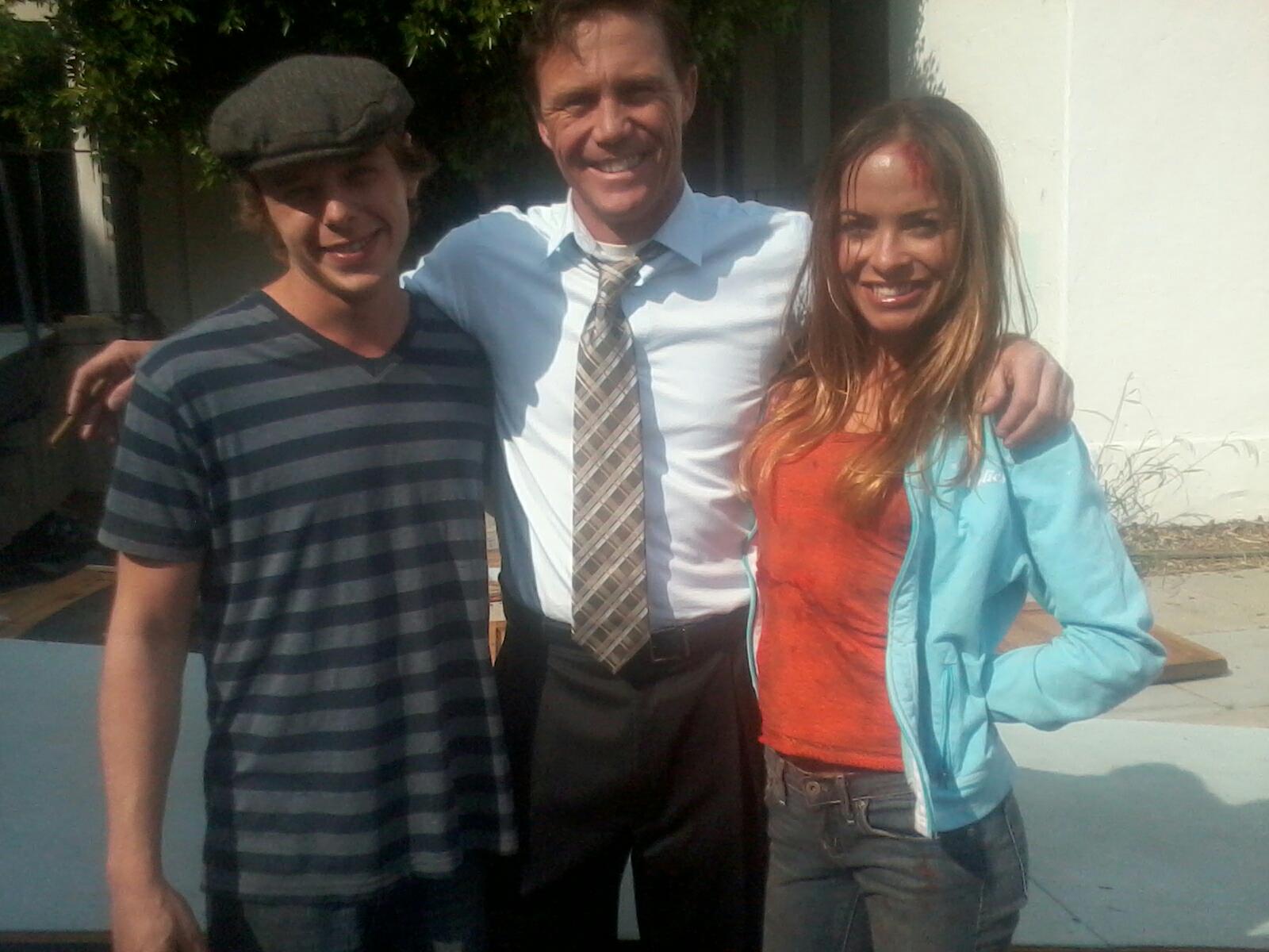 Kyle Morris, Brian Krause, and Chauntal Lewis on set of Coffin Baby.