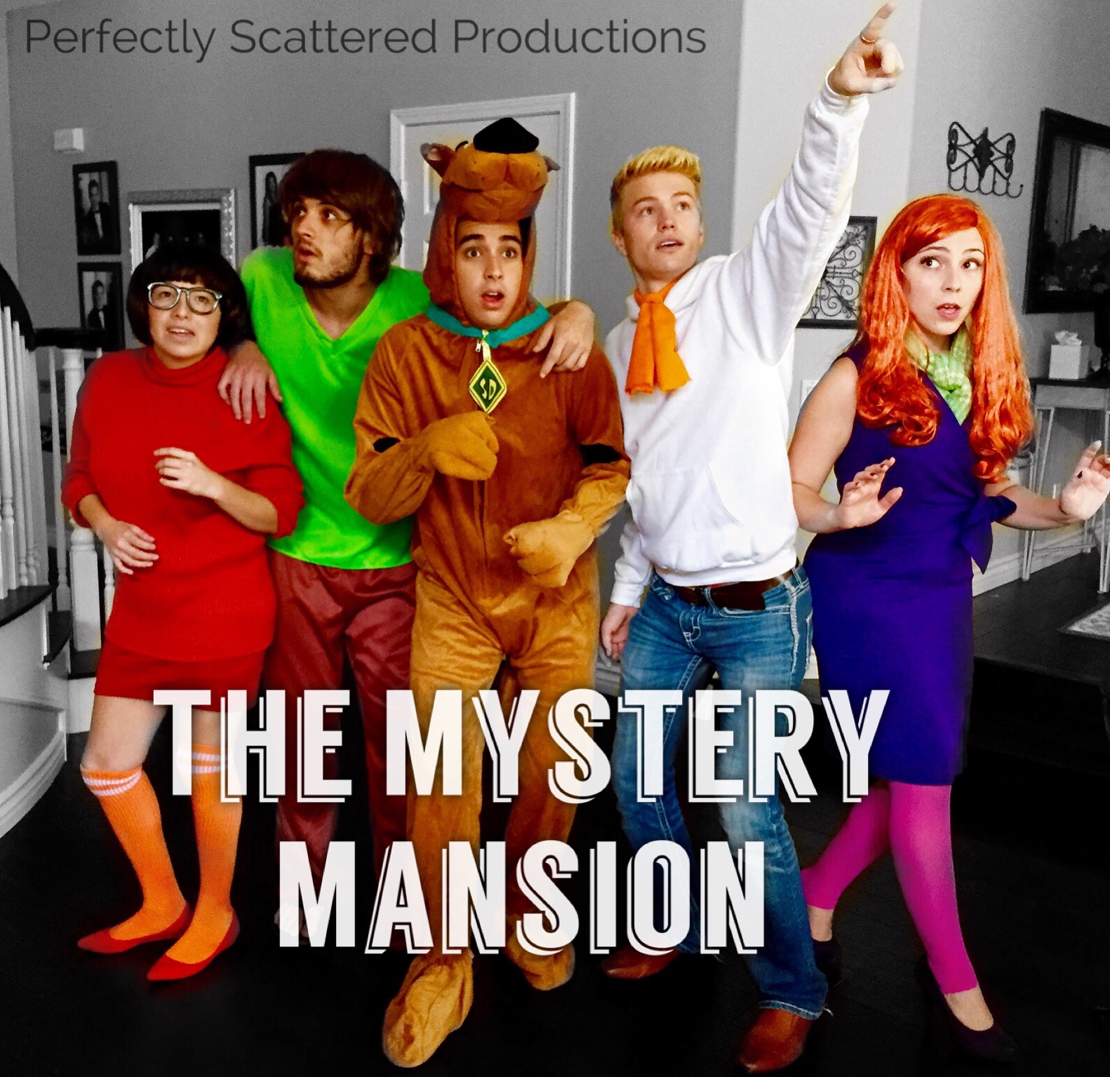 Actors Kyle Kittredge, Elijah Spader, Maria Marmo, Jenna Nelson, and Austin Burk in Perfectly Scattered Productions YouTube sketch comedy, The Mystery Mansion.