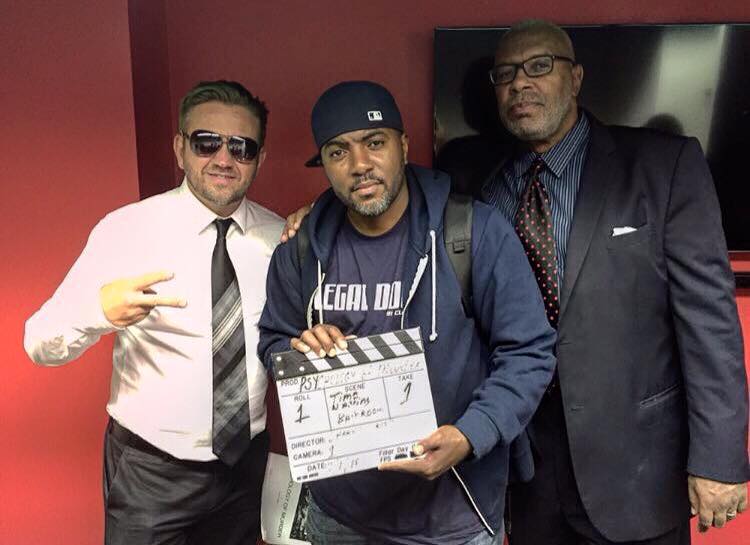 On the set of Psychology of Murder 2015 L-R Wallen, Writer/Director Terrell and McCants