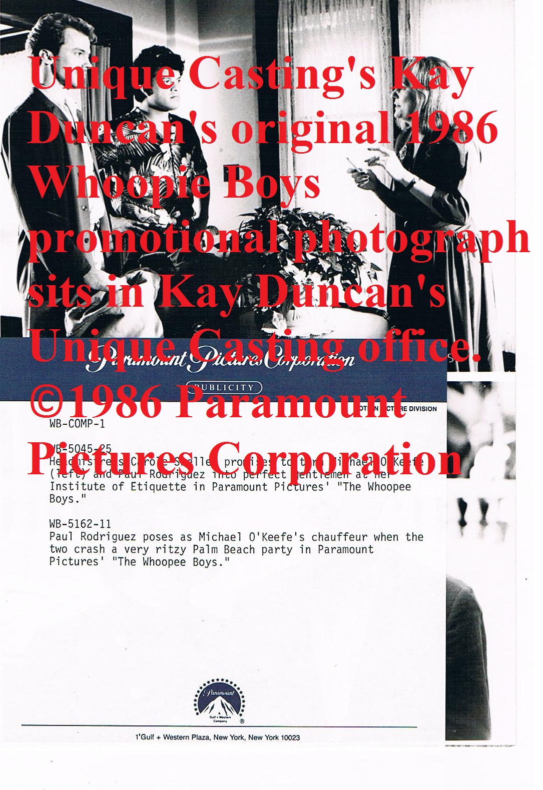 Unique Casting's Original 1986 Whoopie Boys Photo from ©1986 Paramount Pictures Corporation. The original photograph sits in Kay Duncan's Unique Casting office.