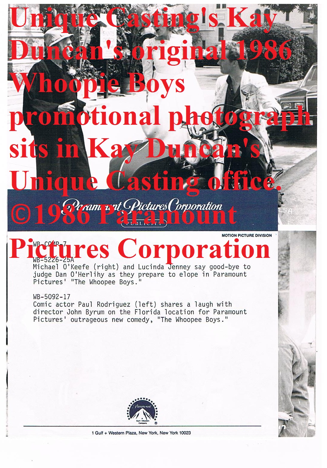Unique Casting's Original 1986 Whoopie Boys Photo from ©1986 Paramount Pictures Corporation. The original photograph sits in Kay Duncan's Unique Casting office.