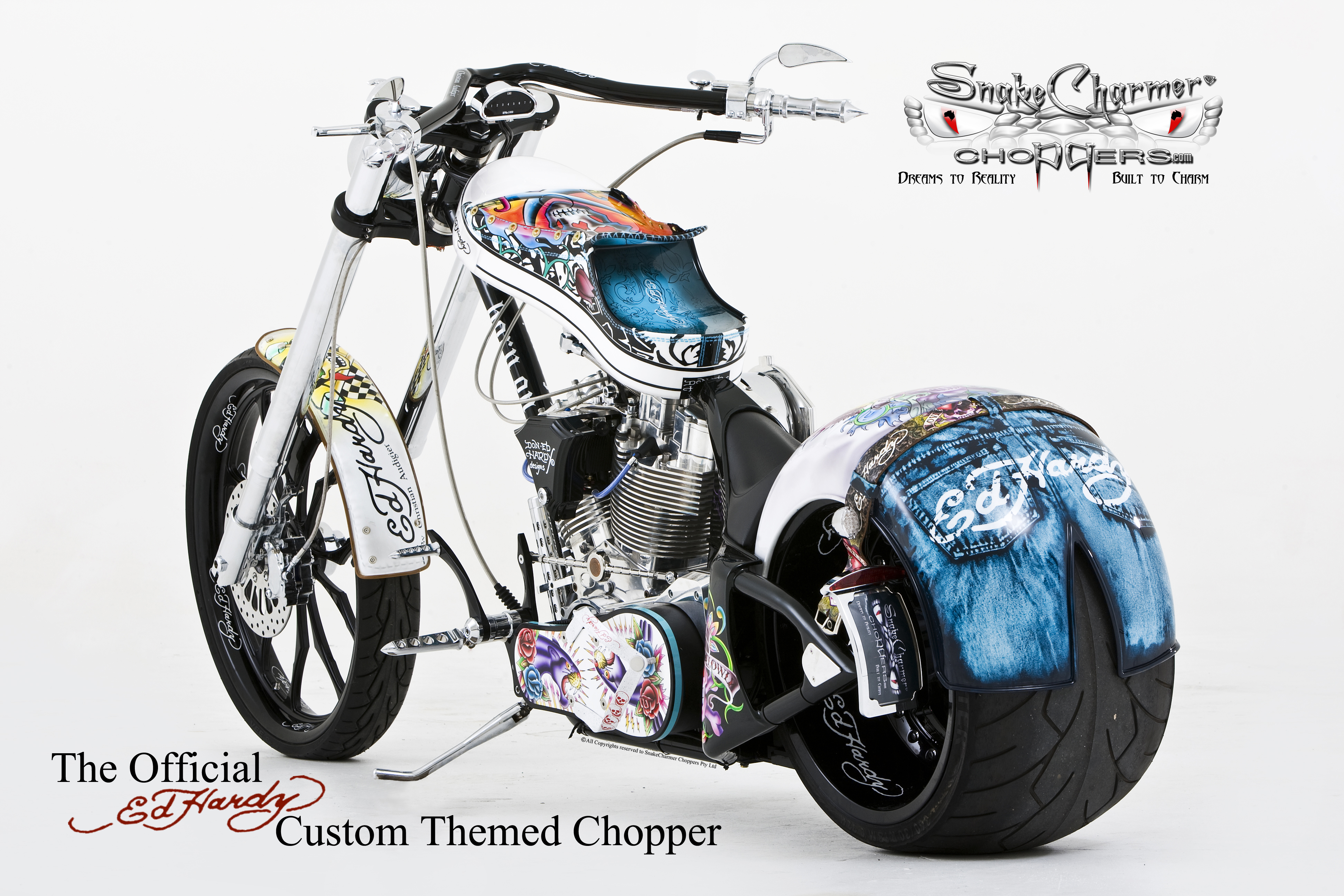 Worlds First Official Ed Hardy custom theme Chopper. Buit and designed by SnakeCharmer Choppers