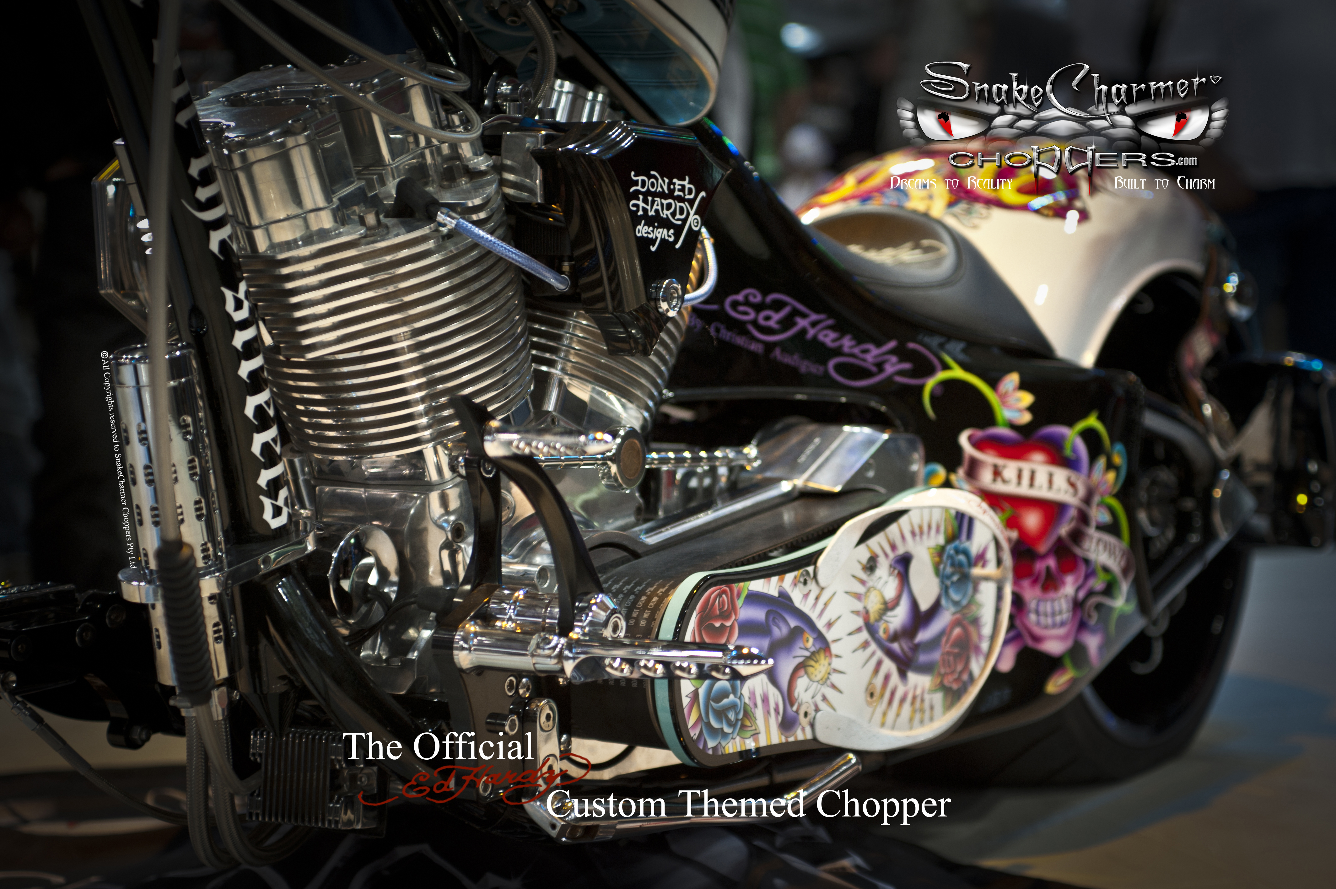 Worlds First Official Ed Hardy custom theme Chopper. Buit and designed by SnakeCharmer Choppers
