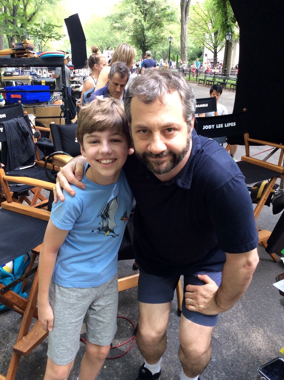 Director JUDD APATOW and Evan Brinkman on the set of TRAINWRECK.