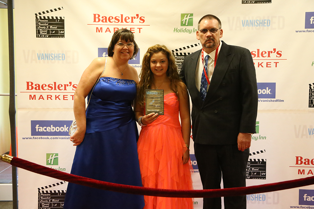 Candy and Mark Beard with actress Kaleigh Clark at the Vanished red carpet film premiere on 09.13.14