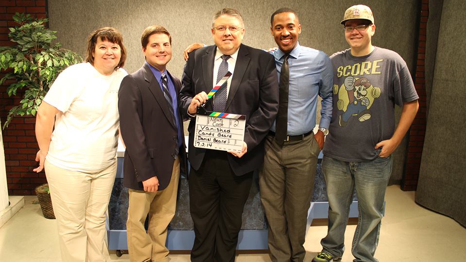 Last film day, with Grant Pugh, Dan Reynolds and Kyle Inskeep of WTWO TV-2 with Executive Producer Candy J. Beard and Director and DP Daniel Beard. July 2014