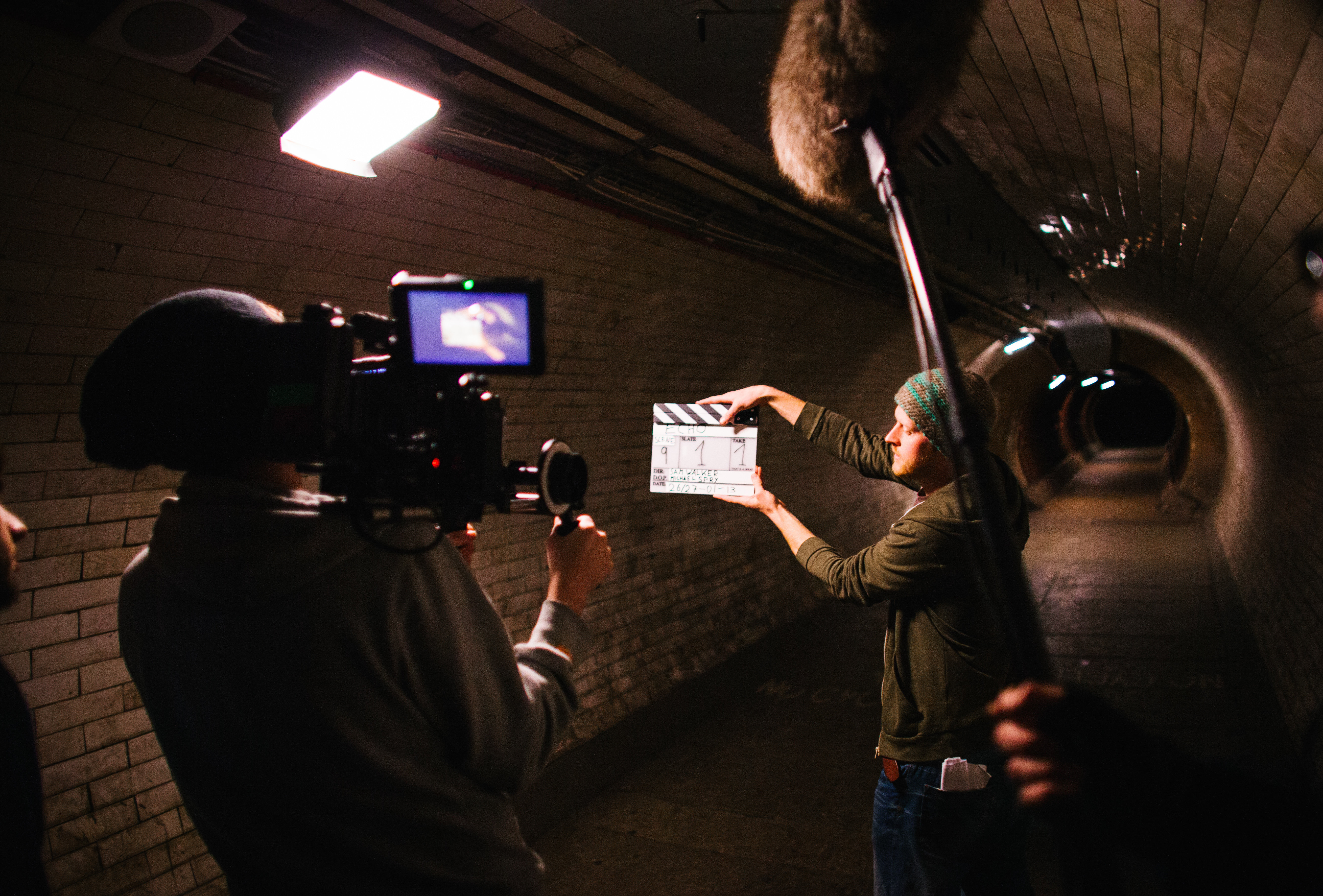 Richard Staff (Camera Op) and Philip Huberty (1st AD) marking the first slate on the set of Echo.