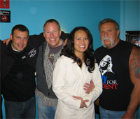 Paul Teutul, Jr., Jeff Morrissette, Kathy Benet, Paul Teutul, Sr. in the green (aqua) room at the Ed Sullivan Theater, New York