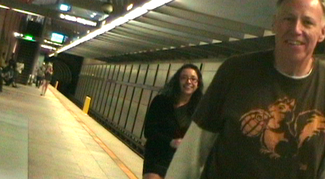 Rachelle Romero and Jeff Morrissette during filming of The Outtakes at Hollywood/Highland Metro station