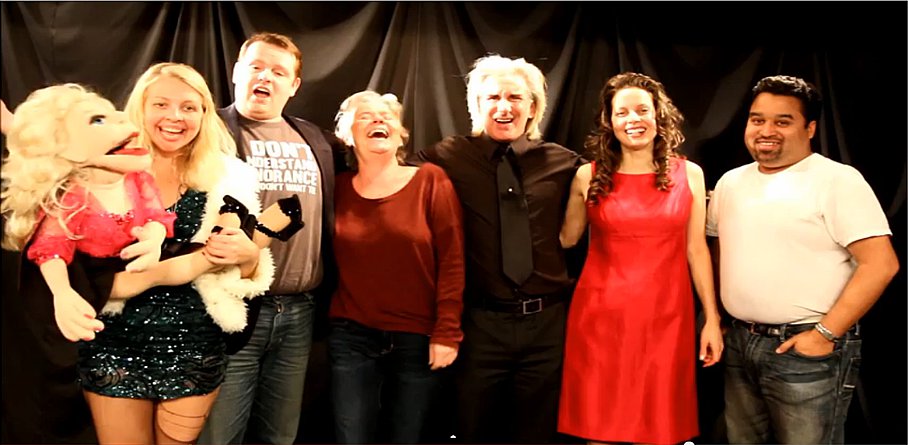 Jennifer Nuccitelli with Peter Austin Noto, Ventriloquist April Brucker, Finger Contortionist Scott Churchson, Comedian Ann Ashton and Rakesh Shah during a recent taping of The Peter Austin Noto Show.