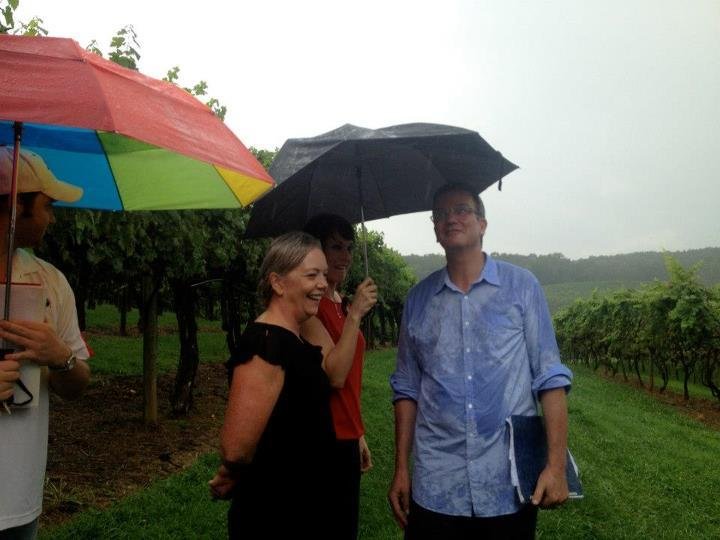 Dawn Campion, Caroline Avery Granger, and Doug Bremner on location in Dahlonega, Georgia, for 