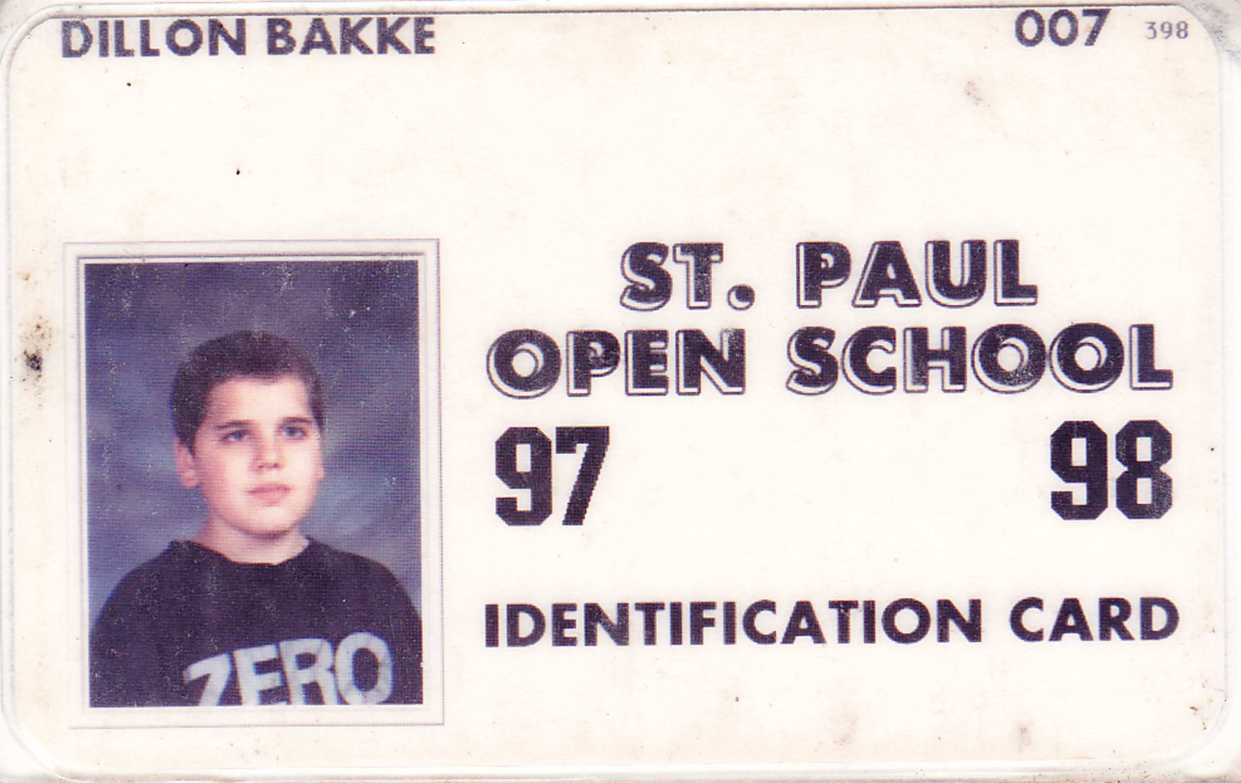 Bakke's seventh grade High School identification card. 1997